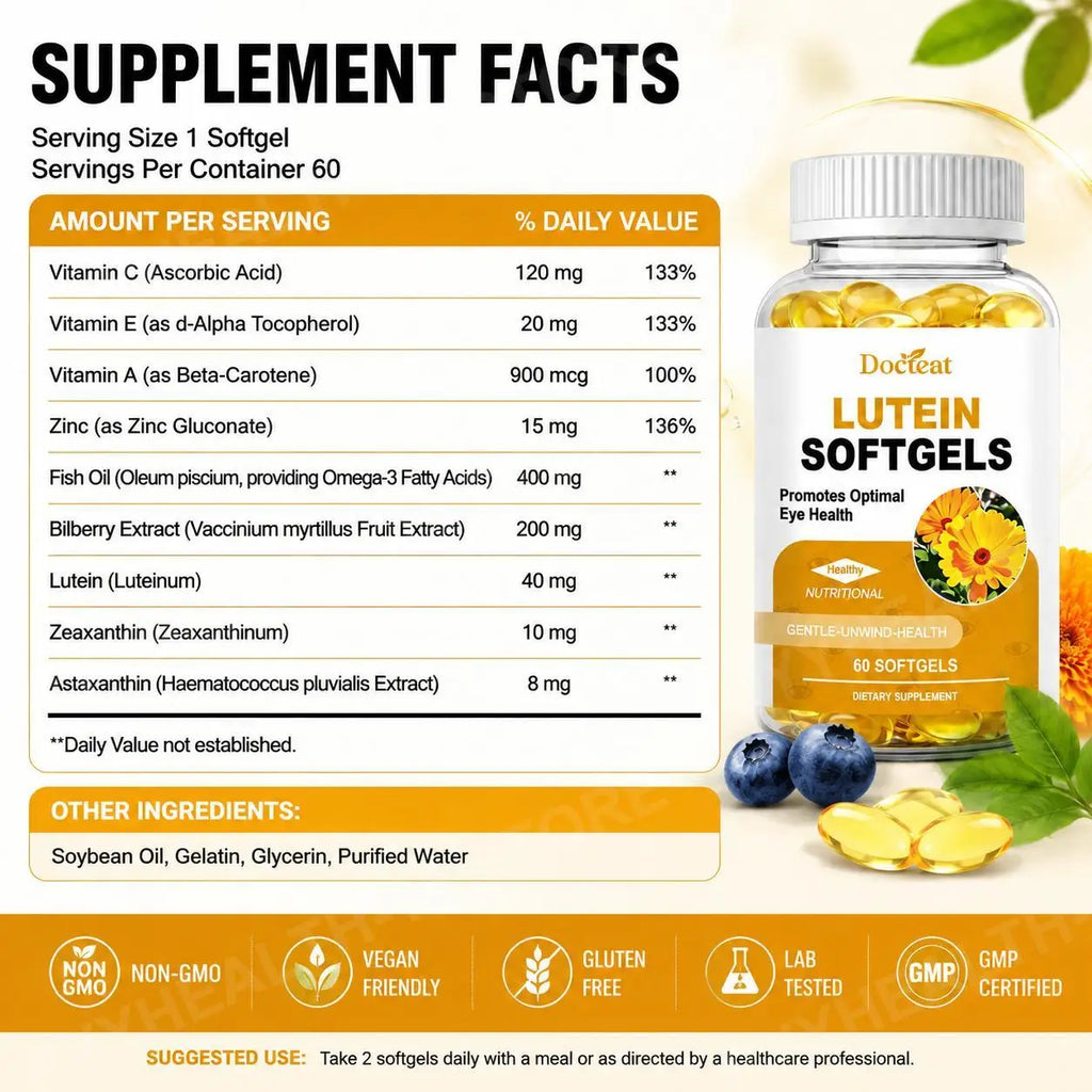 Lutein Zeaxanthin Softgels – Bilberry, Fish Oil & Astaxanthin, 60ct Eye Wellness Supplement Qst