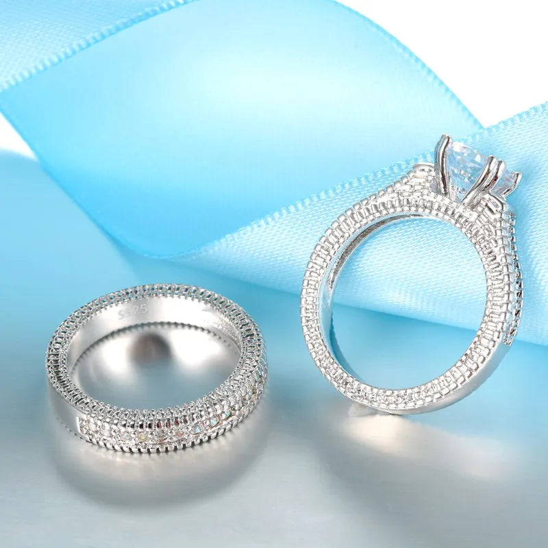 925 Sterling Silver Couple Rings – Cubic Zirconia Engagement Set Couple Ring Set Qme