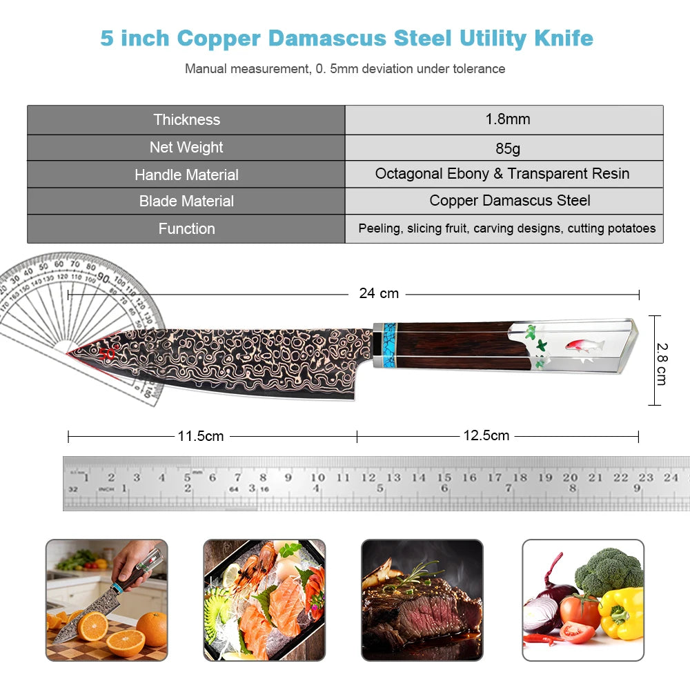 5-Inch Damascus Steel Japanese Utility Knife | Copper Pattern Japanese Kitchen Knife Qst