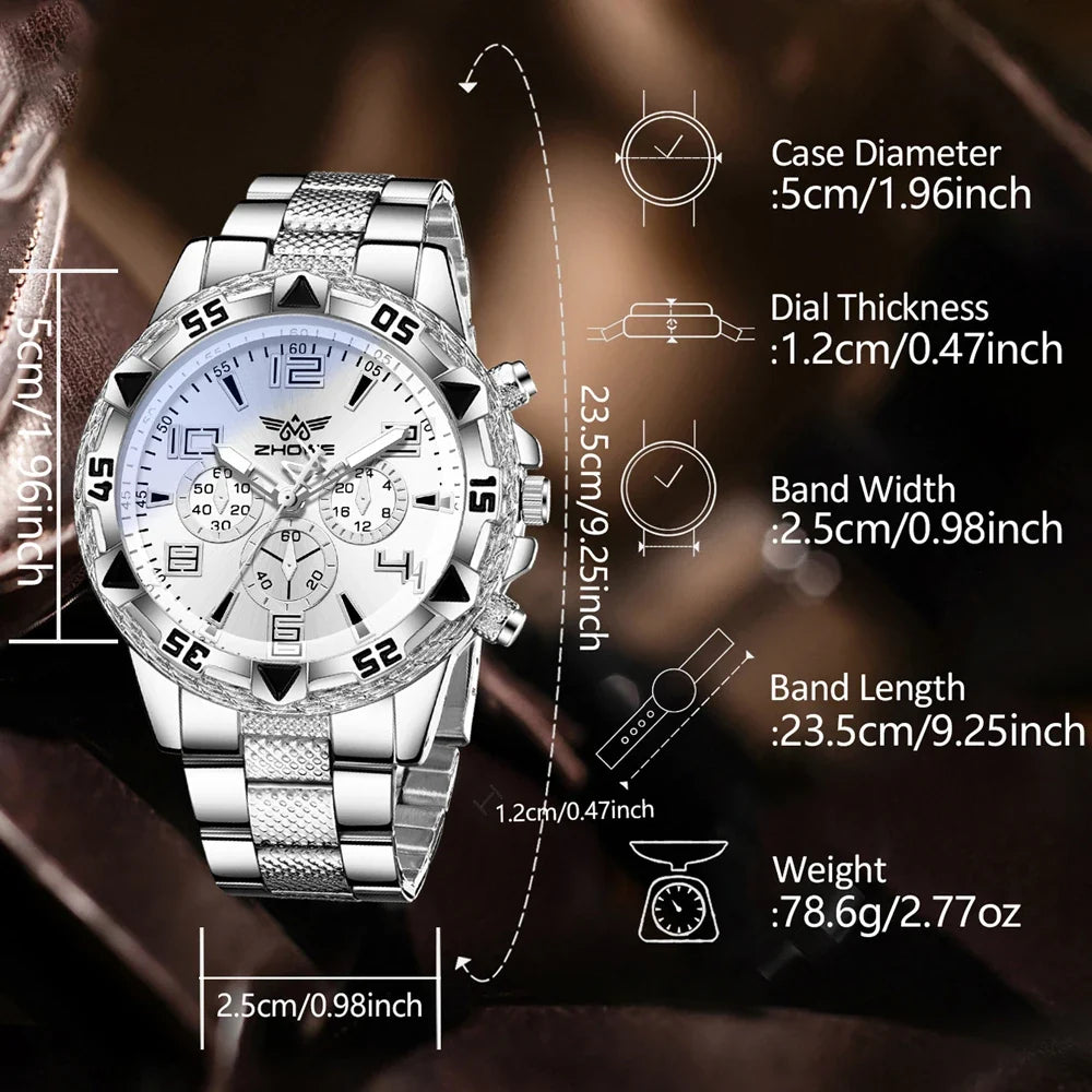 Men's Silver Quartz Watch & Bracelet Set | Mixed-Scale Dial Quartz Watch Set Qme