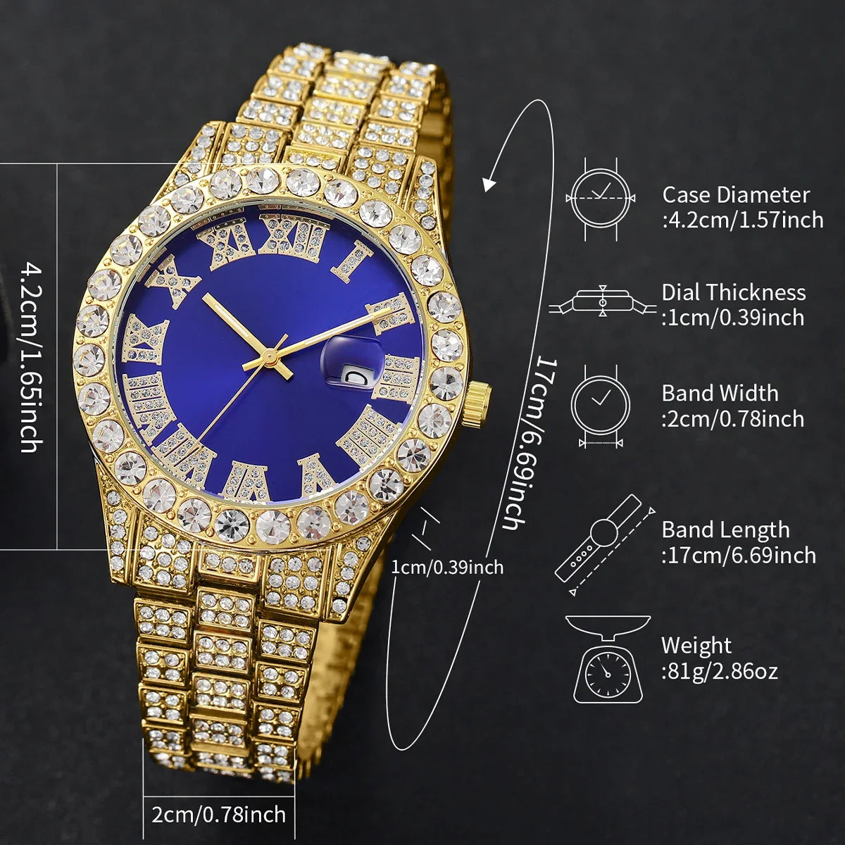 Men's Full Diamond Quartz Watch – Steel Band & Calendar Men's Quartz Watch Qme