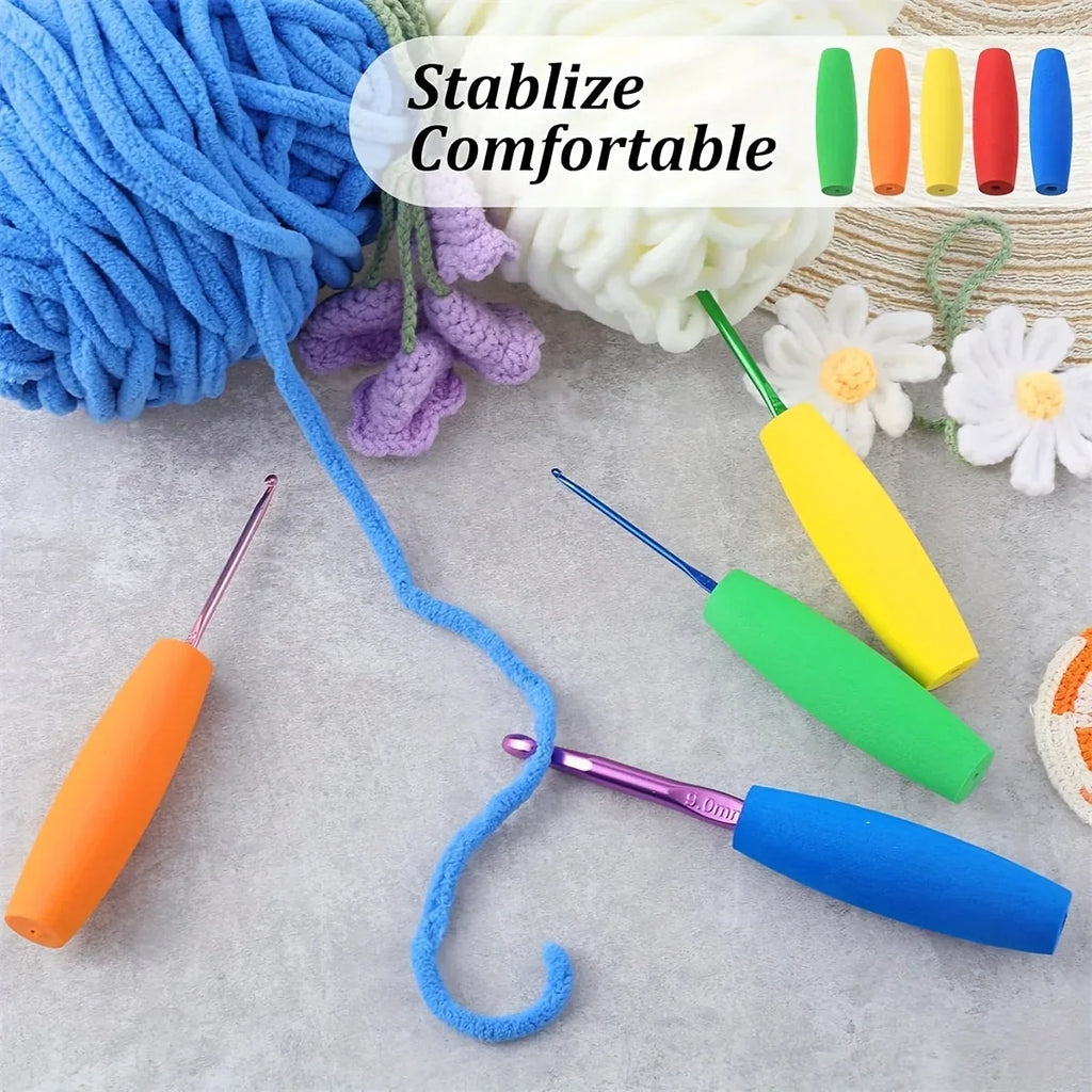 5-Piece Ergonomic Soft Grip Crochet Hook Set | Removable Pads Crochet Hook Grips Qme