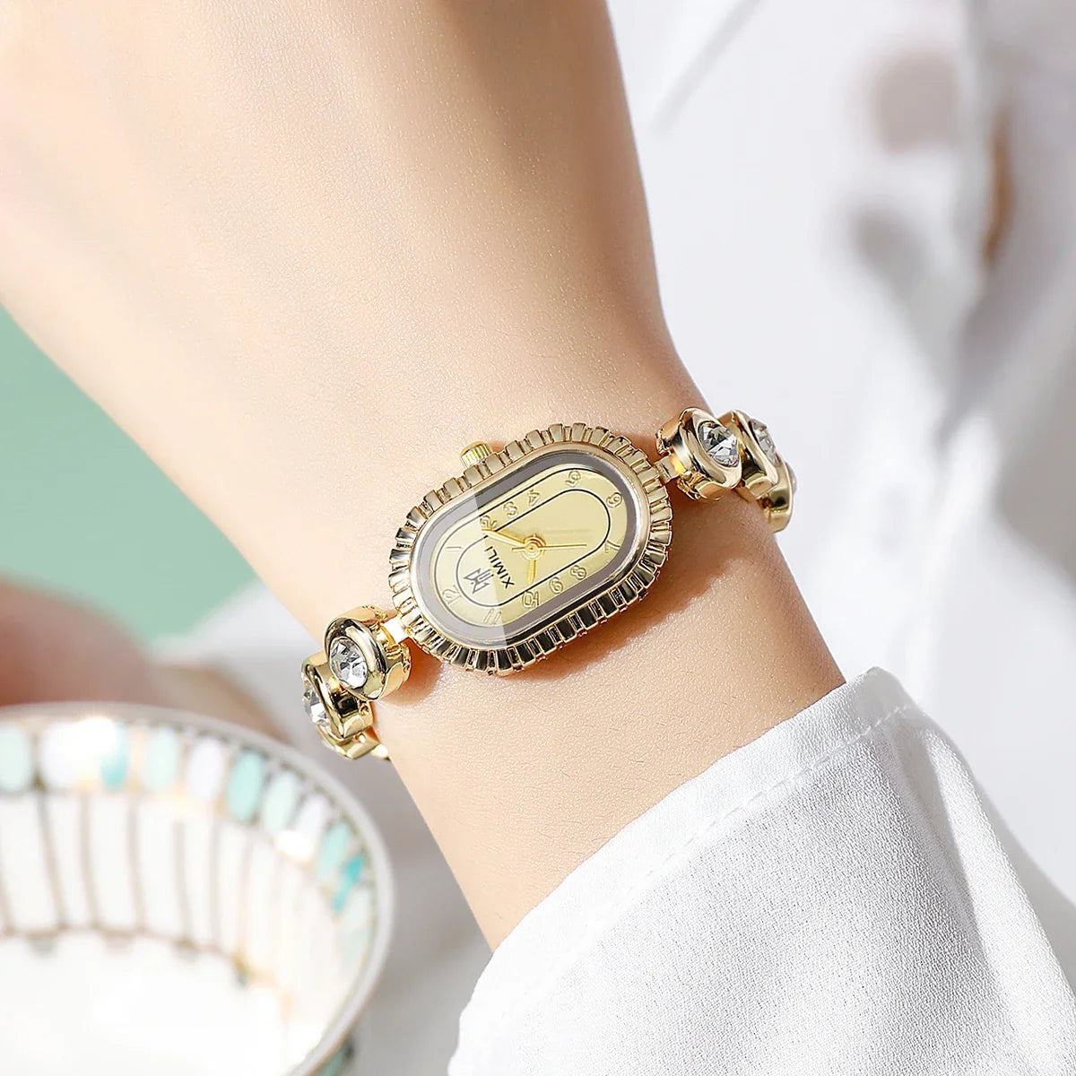 Women's Crystal Quartz Watch – Oval Gold Dial & Diamond Bezel Women's Fashion Watch Qme
