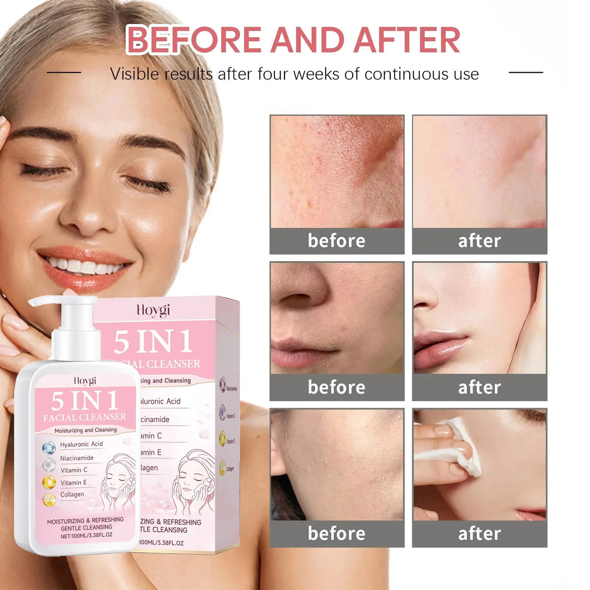 Moisturizing Facial Cleanser & Makeup Remover | Hyaluronic Acid Facial Cleanser Qme
