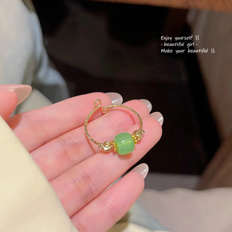 Imitation Jade Palace Ring Women | Adjustable Open Glass Ring Fashion Ring Qme