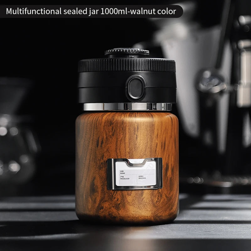 Bincoo 1000ml Airtight Coffee Bean Container – Vacuum Seal Steel Coffee Storage Canister Qst Wood color