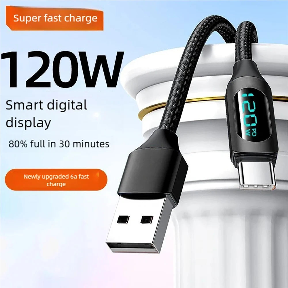 120W USB-C Fast Charging Cable LED Display Nylon Braided USB-C Charging Cable Qme