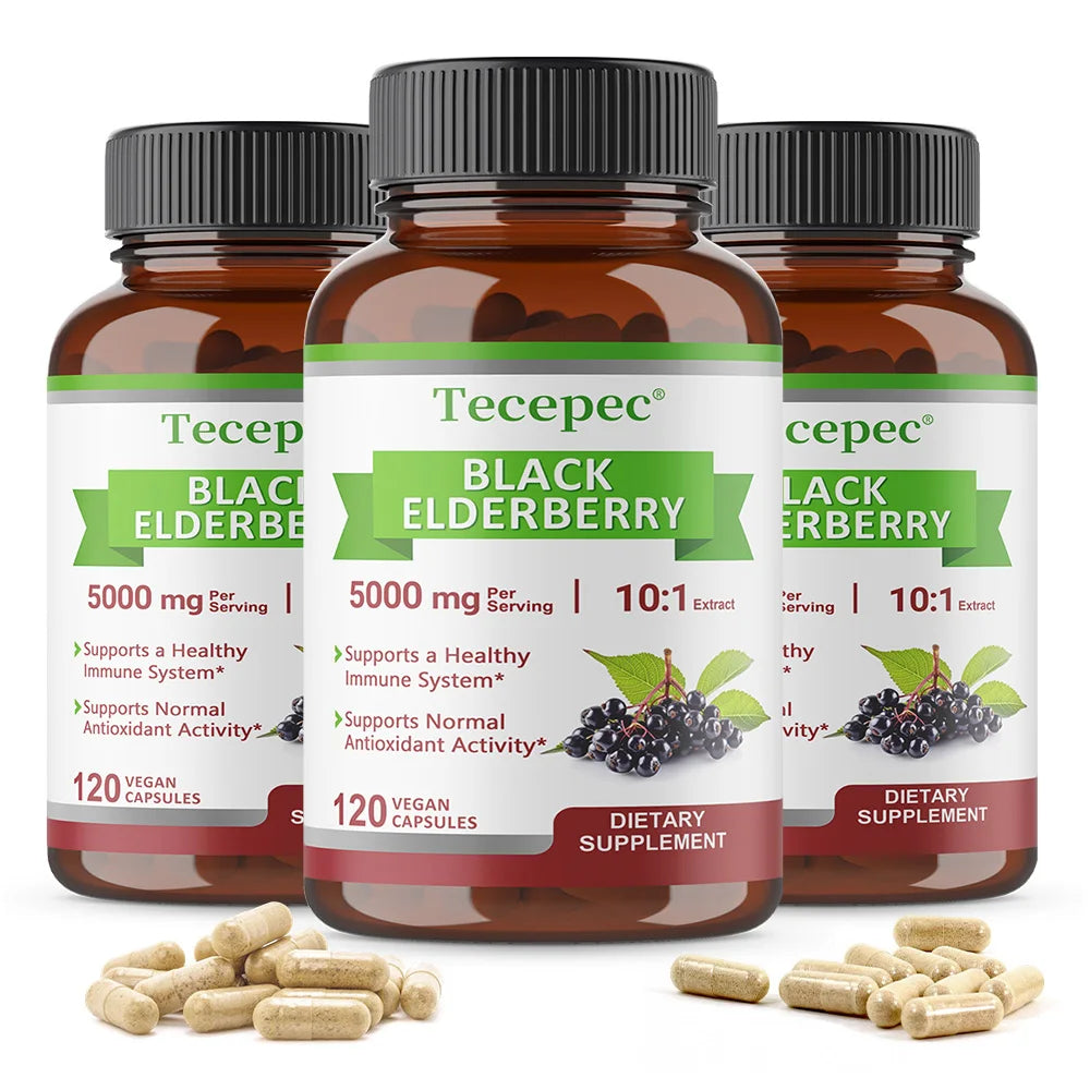 Black Elderberry 5000mg 10:1 Extract – 120 Vegan Capsules Non-GMO Herbal Supplement Qst 120 count-3 bottle