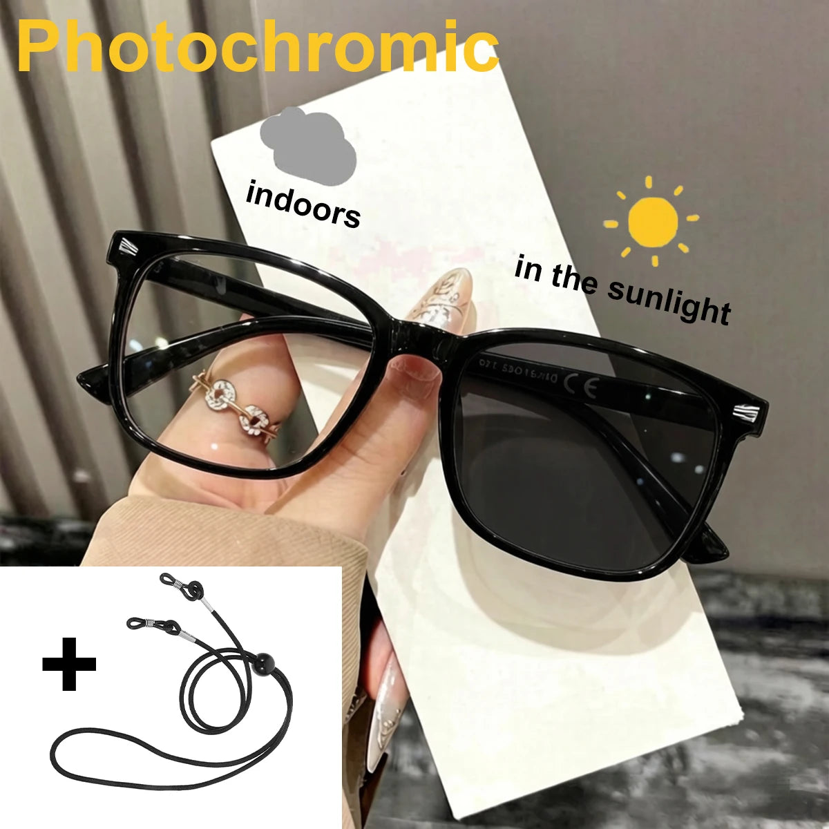 VOPHA Square Photochromic Reading Glasses Anti-UV +1.0–+3.0 Photochromic Reading Glasses Qst Strength 150 Black