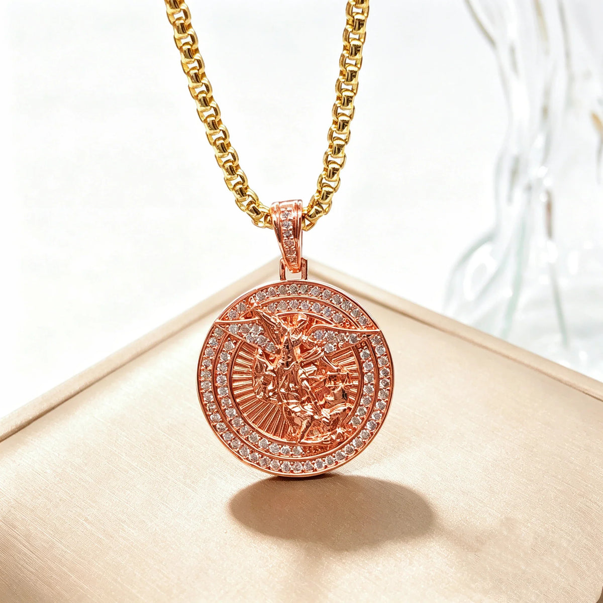 San Miguel Archangel Medallion Zircon Necklace | 6 Colors Religious Medallion Necklace Qme 3 60cm
