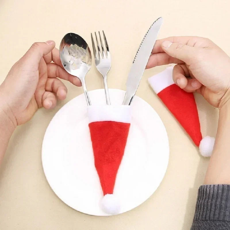 Christmas Cutlery Bag Holder Mini Santa Hat Fork & Knife Holiday Table Accessory Qme