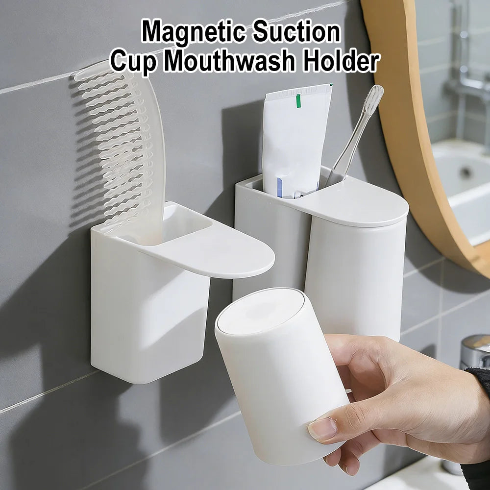 Wall-Mounted Magnetic Mouthwash Cup & Toothbrush Holder Toothbrush Cup Holder Qst