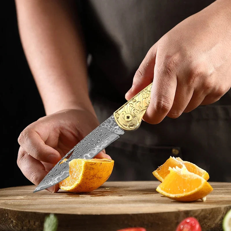 Damascus Steel Folding Knife – Copper Handle, BBQ & Kitchen Damascus Folding Knife Qst
