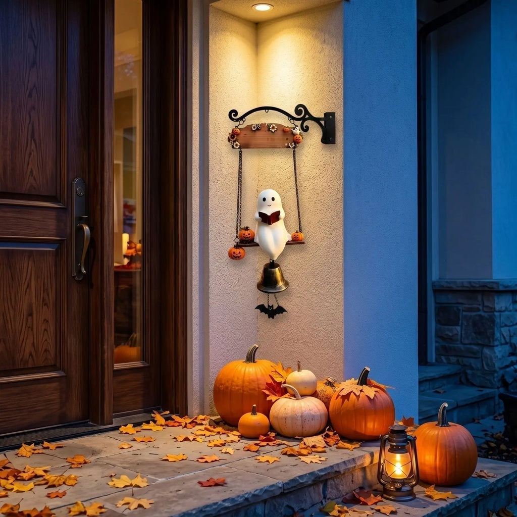 Halloween Ghost Doorbell Ornament – Vintage Resin Hanging Bell Halloween Door Ornament Qme