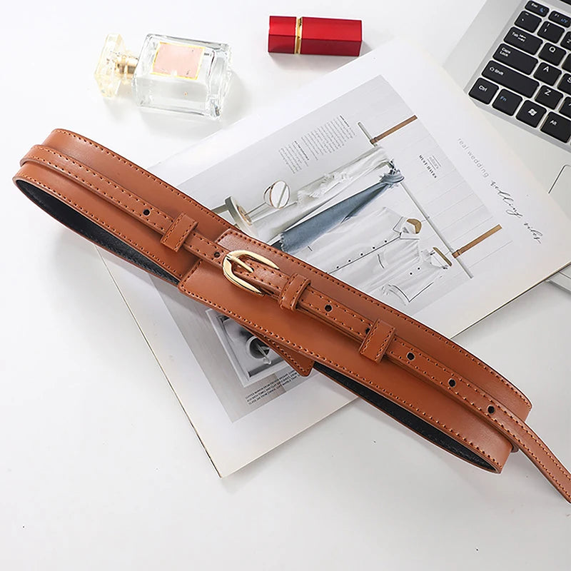 PU Leather Wide Waist Belt – Vintage Pin Buckle Girdle Women Wide Waist Belt Qst Brown