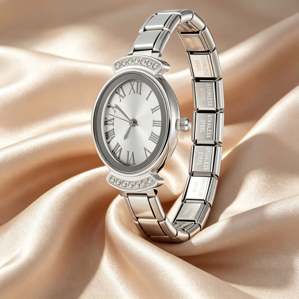 Women's Italian Elastic Stainless Steel Oval Charm Watch Bracelet Bracelet Watch Qme
