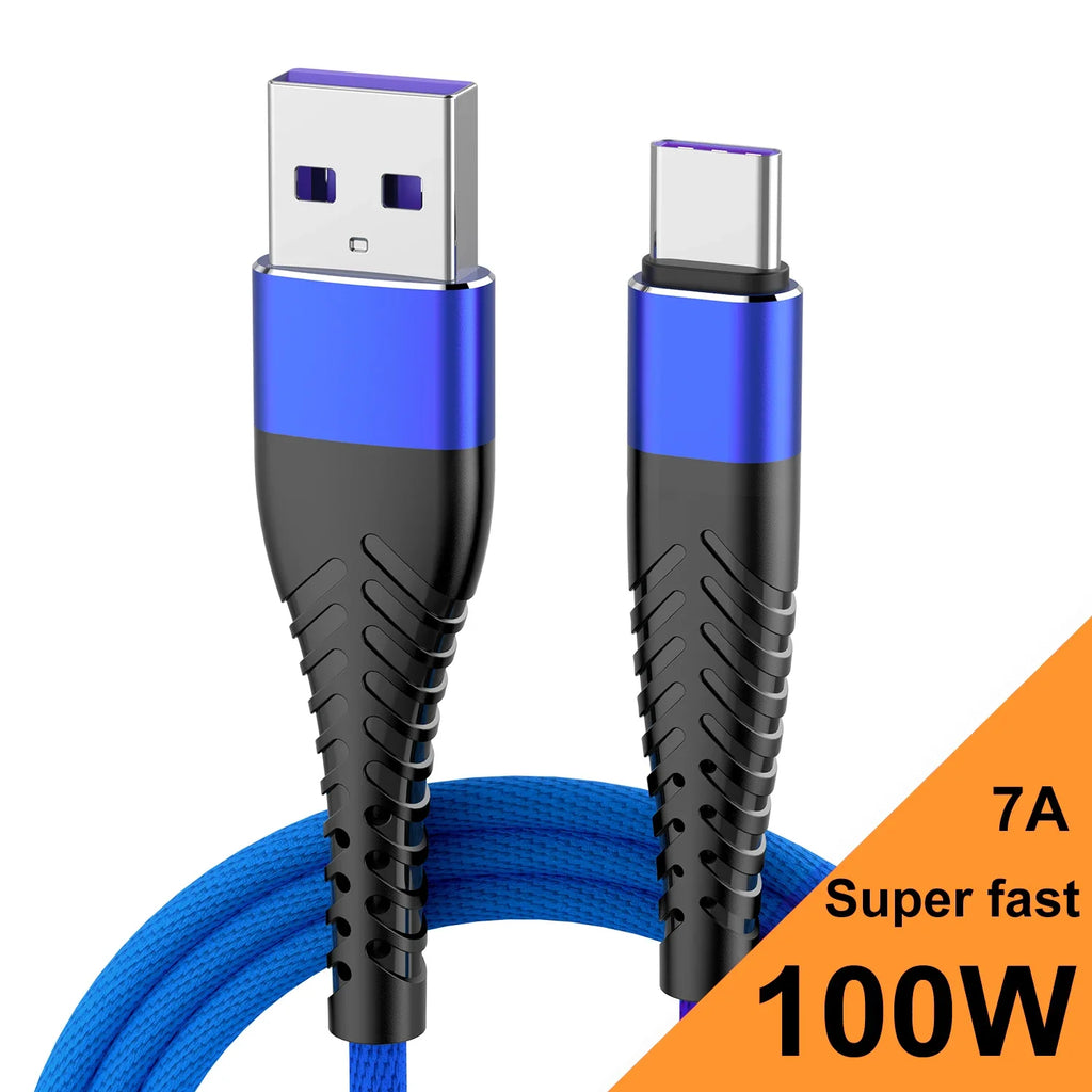 100W USB-C Fast Charging Cable 7A Braided Cord | 4 Lengths USB-C Charging Cable Qme Blue 0.25m