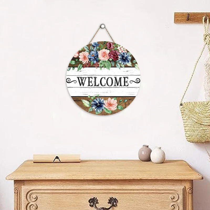 Rustic Flower Welcome Round Wood Wall Sign | Home Decor Plaque Wood Wall Sign Qme