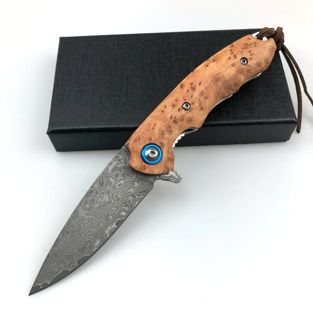 VG10 Damascus Folding Pocket Knife – Wood Handle EDC Tool Folding Pocket Knife Qst