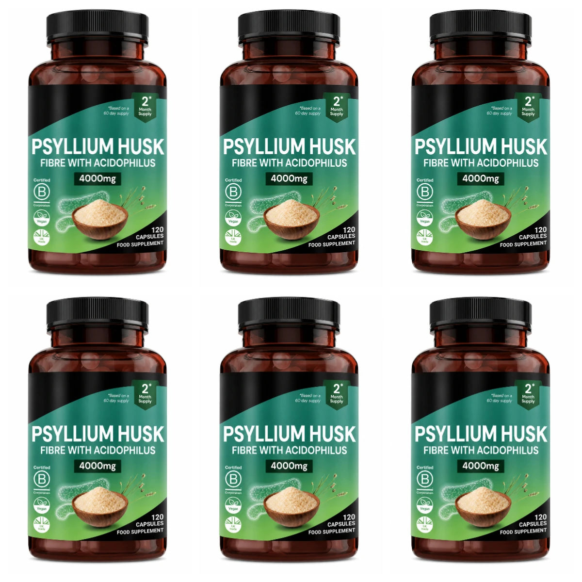 Psyllium Husk 4000mg + Lactobacillus Acidophilus – 120 Vegan Caps Fiber Probiotic Supplement Qst 6bottles 720capsules