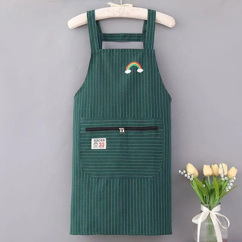Striped Linen-Cotton Apron – Zippered, Oil-Resistant & Breathable Kitchen Apron Qst Green