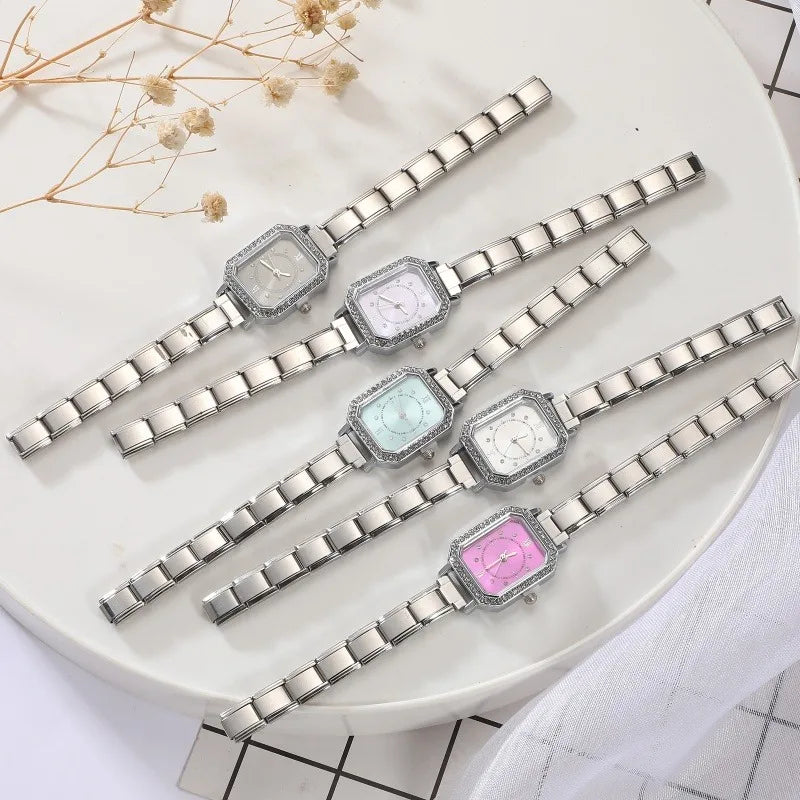 Y2K Zircon Square Watch – Women's Stainless Steel Colored Dial Bracelet Watch Qme