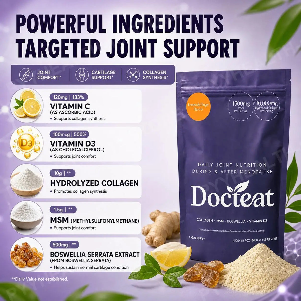 Docteat Collagen MSM Boswellia Vitamin D3 Powder | 30 Servings Collagen Supplement Powder Qst