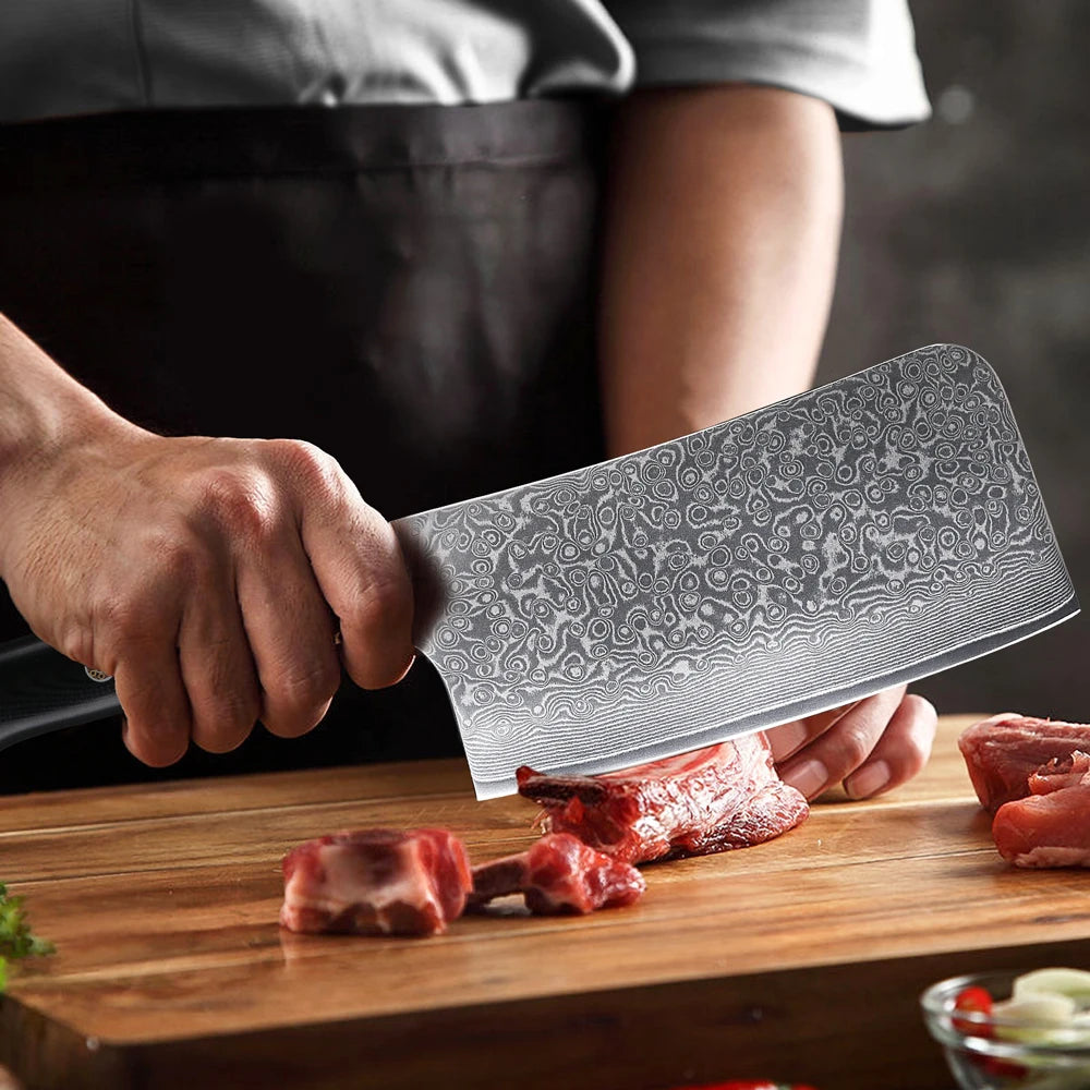 DASHWAY 6.5" Damascus Steel Bone Chopper Knife – G10 Handle Damascus Kitchen Knife Qst
