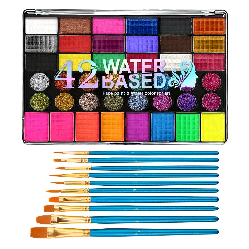 42-Color Water-Soluble Face & Body Paint Set with Brushes Face & Body Paint Kit Qme 2pcs
