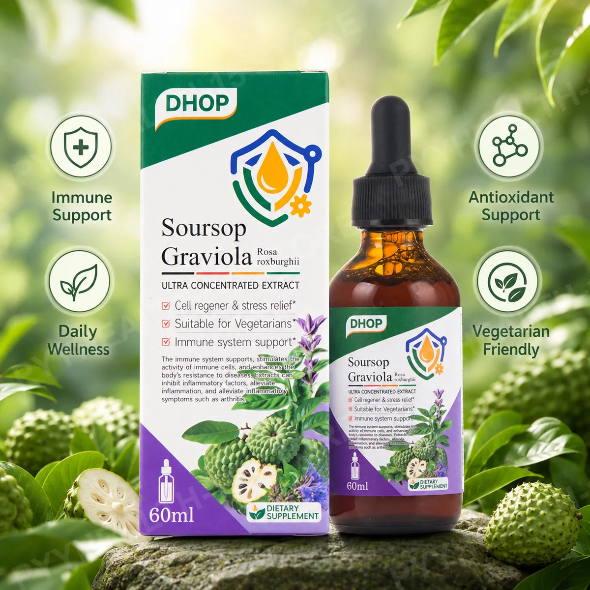 DHOP Soursop Graviola Drops 60mL | Turmeric Sea Moss Vitamin C Herbal Wellness Drops Qst