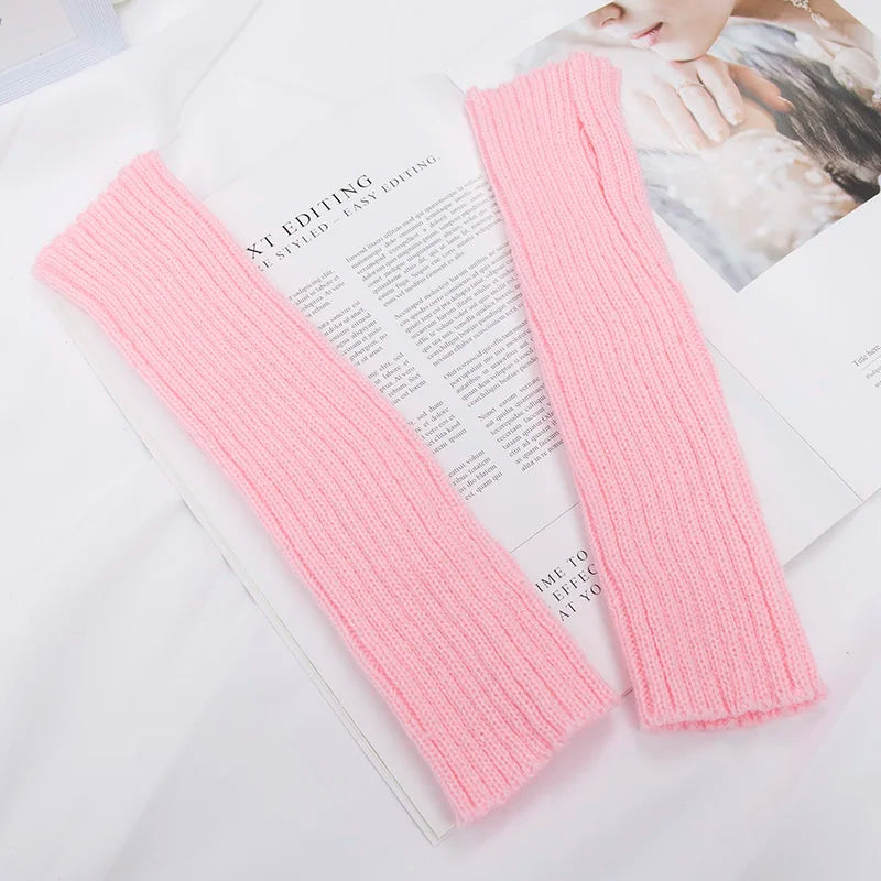 Women's Long Fingerless Gloves Kawaii Knit Arm Warmers Fingerless Arm Warmers Qme pink one size