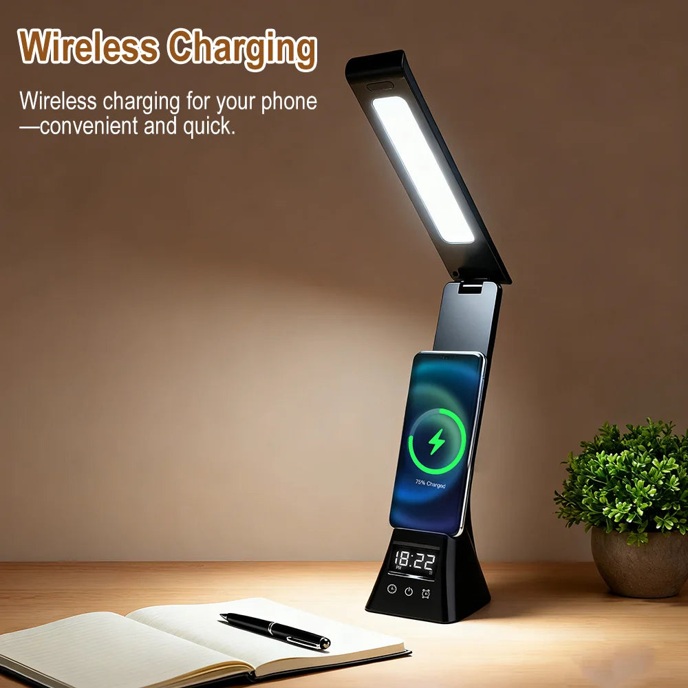 Wireless Charging LED Desk Lamp – Dimmable Clock & Alarm LED Desk Lamp Qst