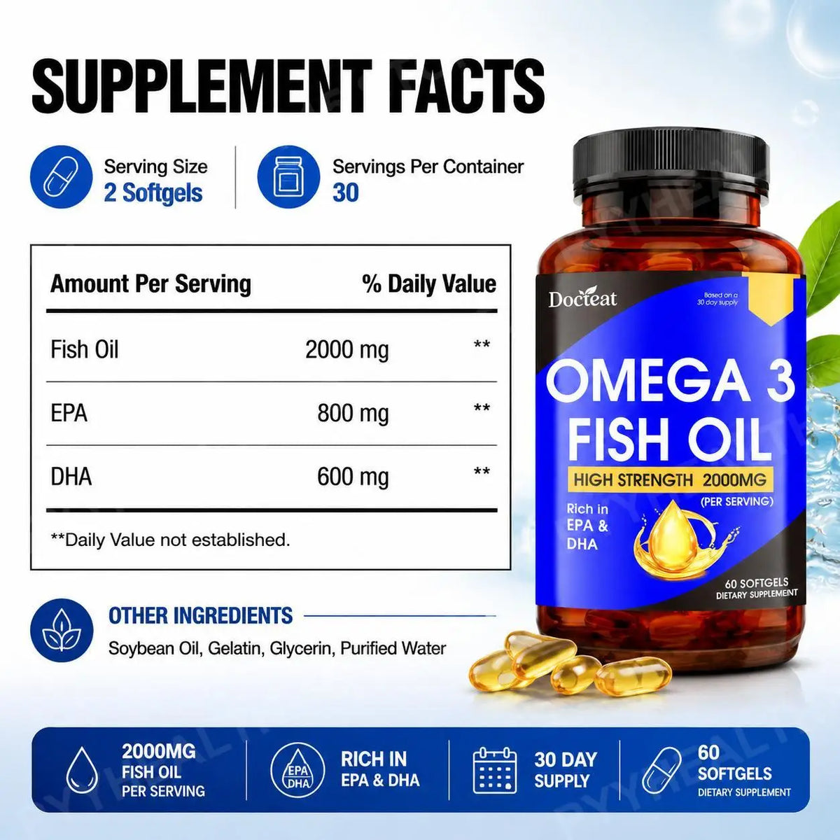Docteat Omega-3 Fish Oil 2000mg – EPA 800mg DHA 600mg, 60 Softgels Omega-3 Supplement Qst