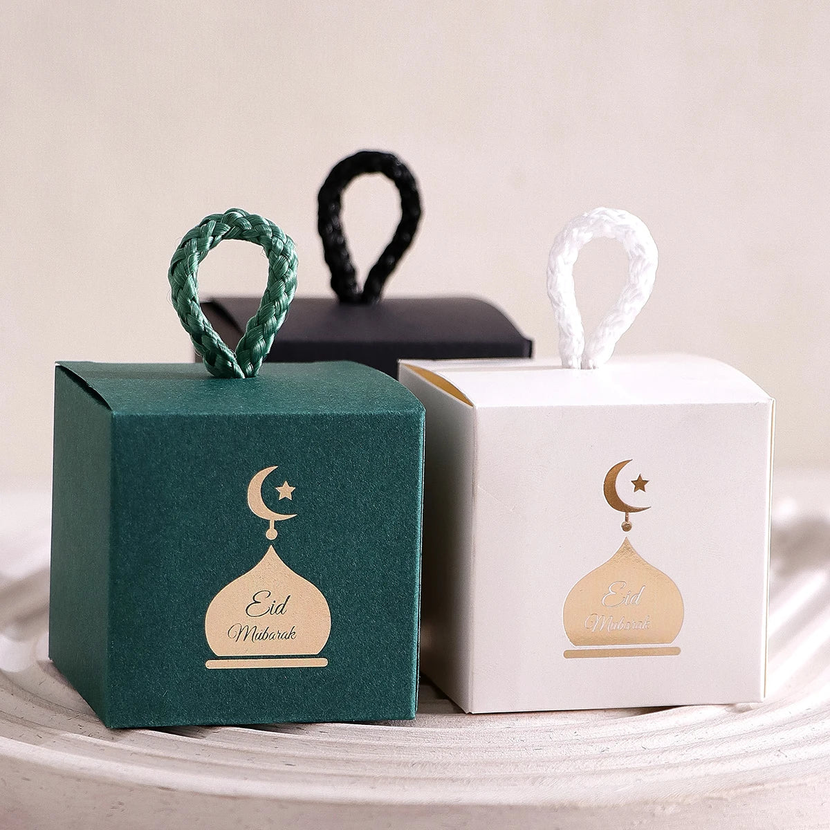 5 Mini Eid Al-Adha Gift Boxes Gold Design Twist Handles Festive Gift Boxes Qme