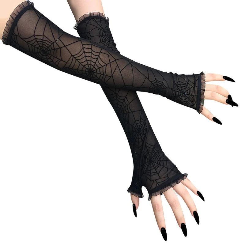 Spider Web Arm Sleeves Gloves – Halloween Cosplay Costume Halloween Costume Gloves Qst A