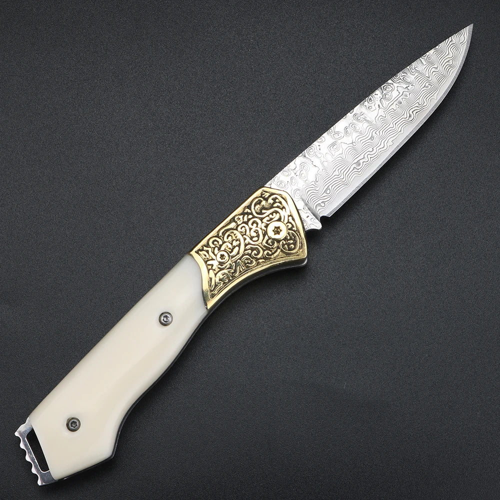 VG10 Damascus Folding Knife – Ox Bone & Brass Pocket Knife Folding Pocket Knife Qst