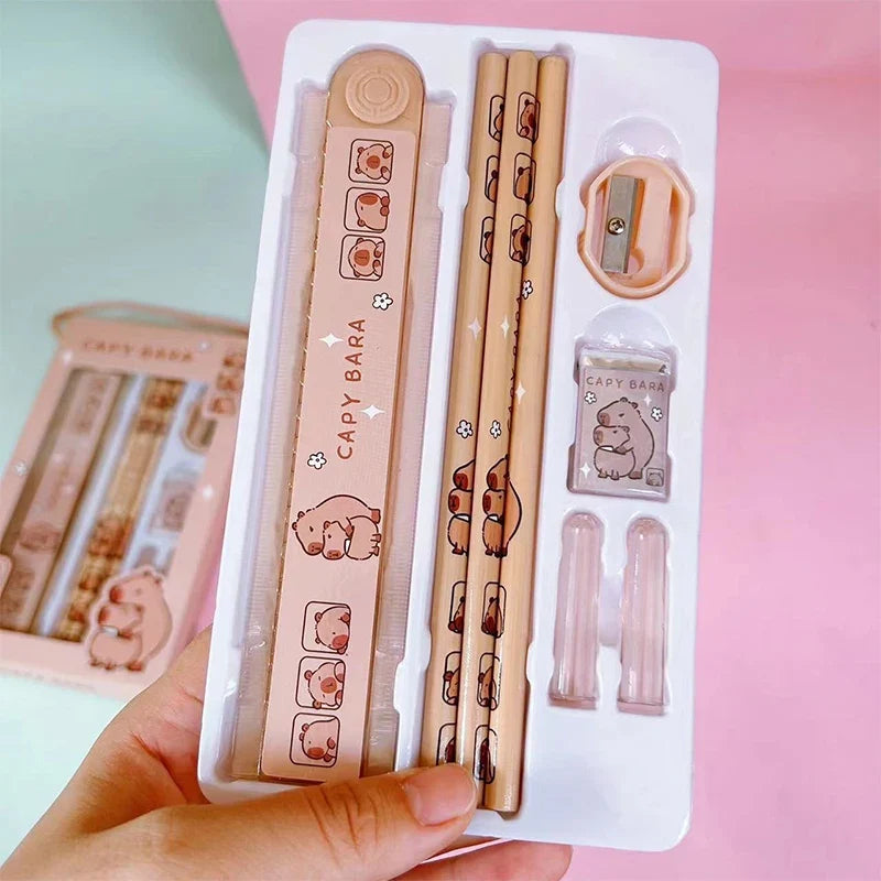 Capybara Cartoon Stationery Set – Pencil, Ruler, Eraser & Sharpener Kids Stationery Set Qme