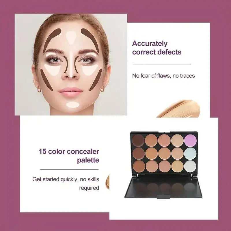 15-Color Concealer Palette & 11Pc Bamboo Brush Set | Qme Makeup Brush & Palette Set Qme