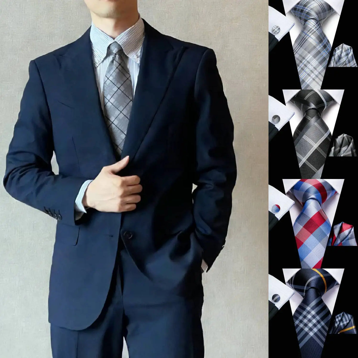 Men's Silk Necktie Pocket Square Cufflinks 3-Piece Set Formal Accessory Set Qme