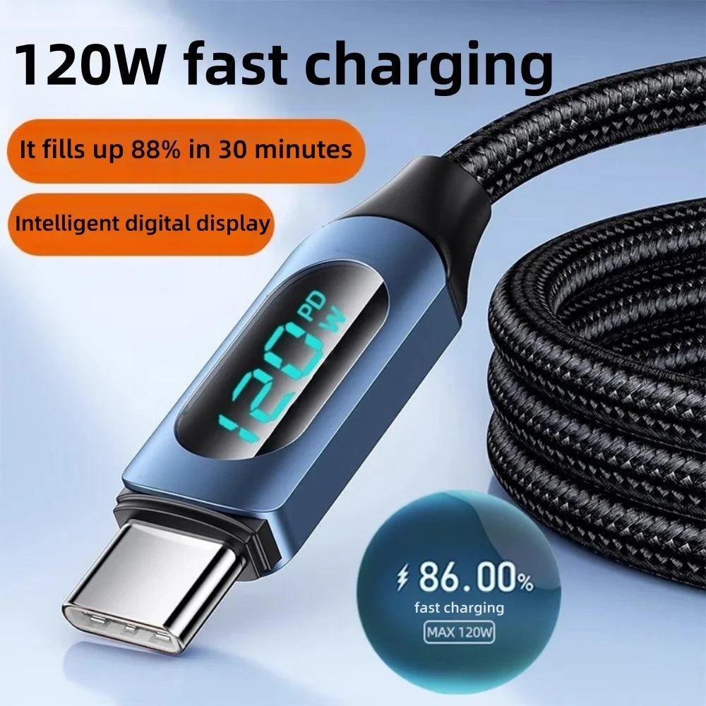 120W USB-C Fast Charging Cable LED Display Nylon Braided USB-C Charging Cable Qme