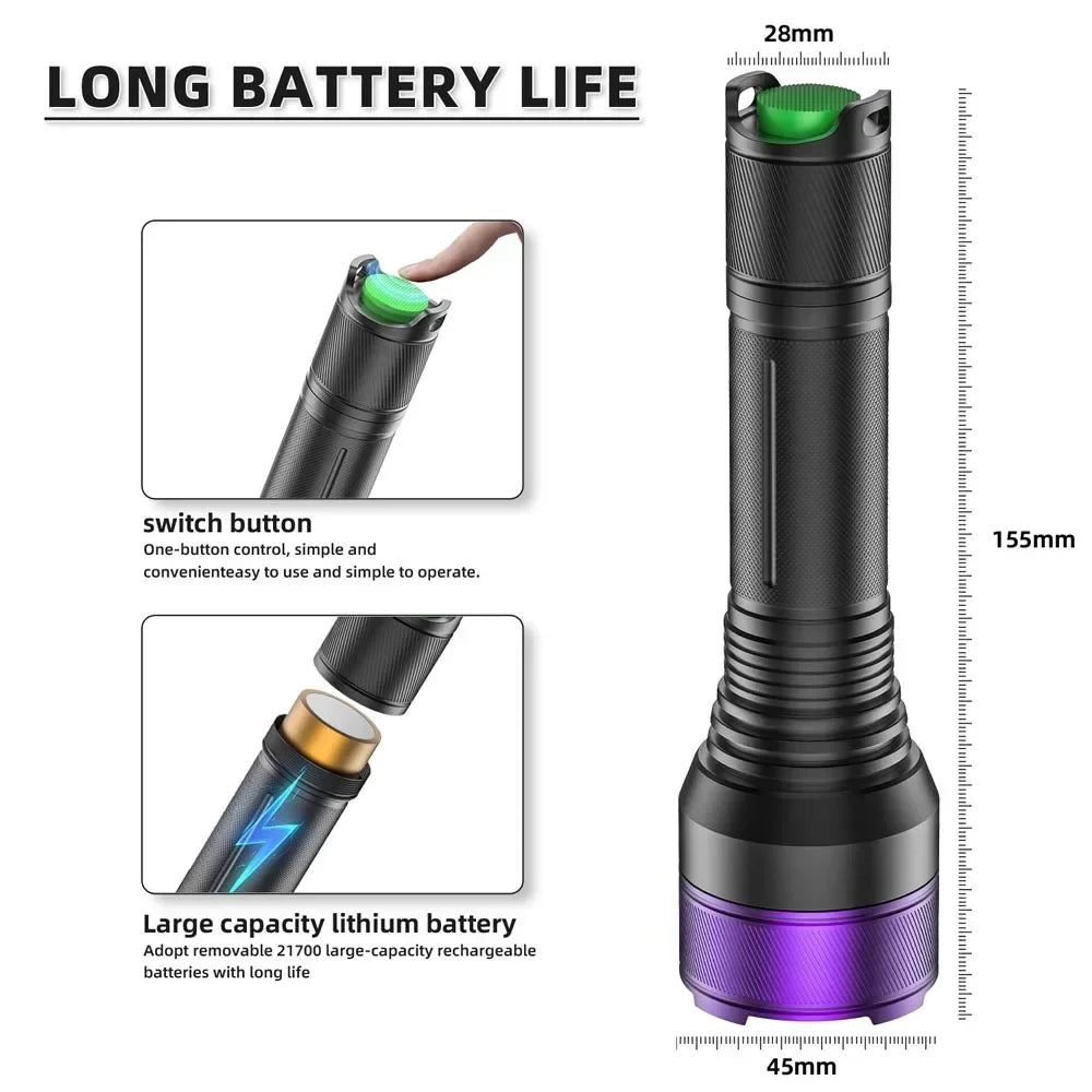 365nm UV Blacklight Flashlight – 4-Core 40W Rechargeable Torch UV Blacklight Flashlight Qst