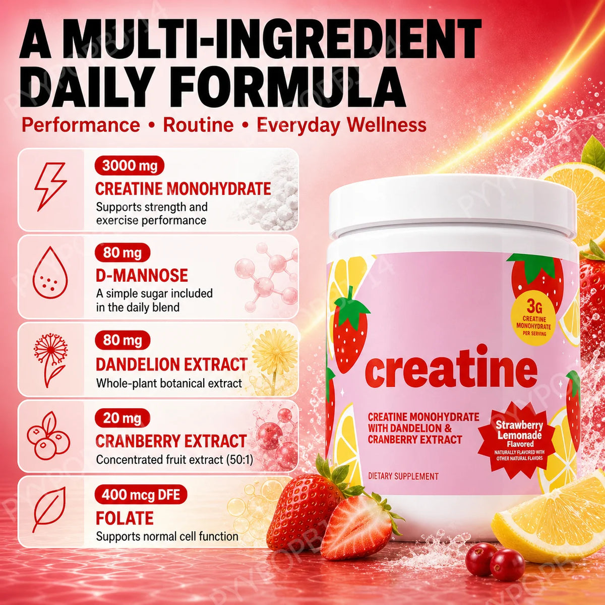 Women's Creatine Monohydrate 3000mg Powder | Strawberry Lemonade Creatine Supplement Powder Qst