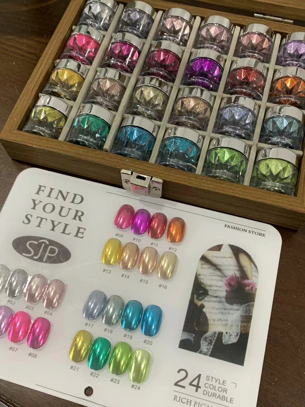24-Color Mirror Nail Art Powder Set, Storage Box & DIY Charms Nail Art Powder Set Qme