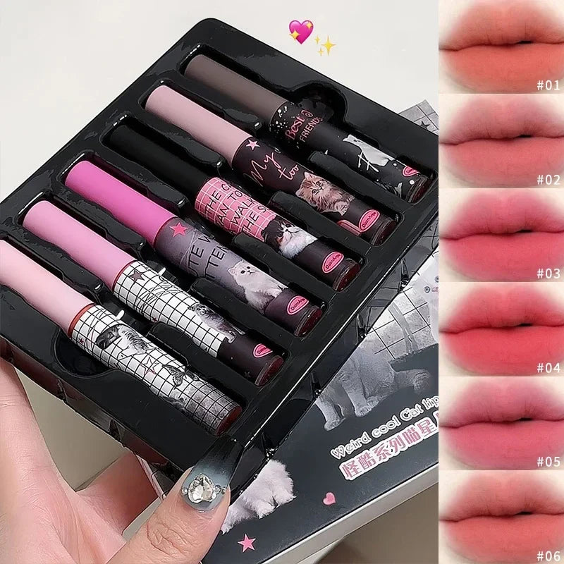 Cute Cat Mirror Water Lip Gloss – Red Tint, Long Lasting Lip Gloss Qme 6PCS-Matte