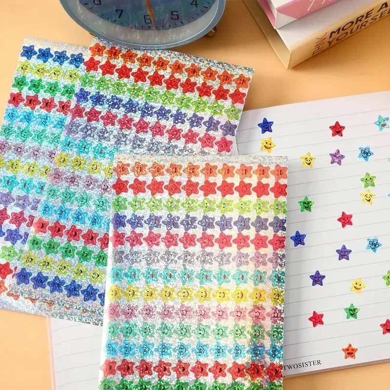 Glitter Foil Star & Happy Face Stickers – 1500 Pcs, 15 Designs Craft Stickers Qme