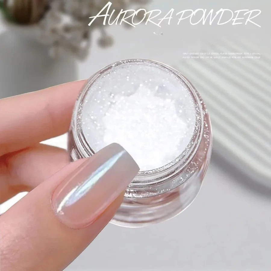 Holographic Nail Powder White Mirror Glitter Aurora Effect Nail Pigment Powder Qme