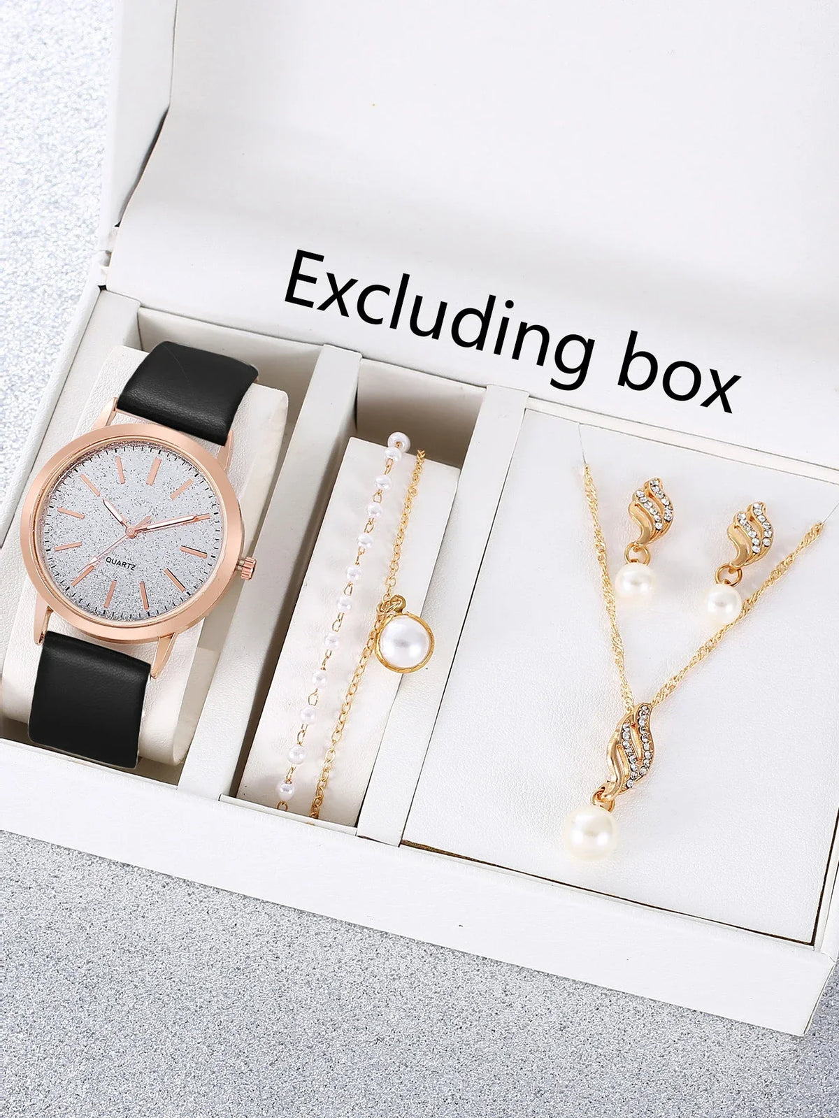 Women's Glitter Dial Quartz Watch & Pearl Jewelry Set Women's Watch Set Qme