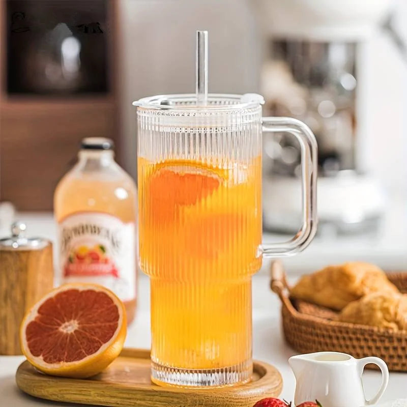 Striped Glass Cup with Handle, Lid & Straw – 600ml Glass Tumbler Set Qme