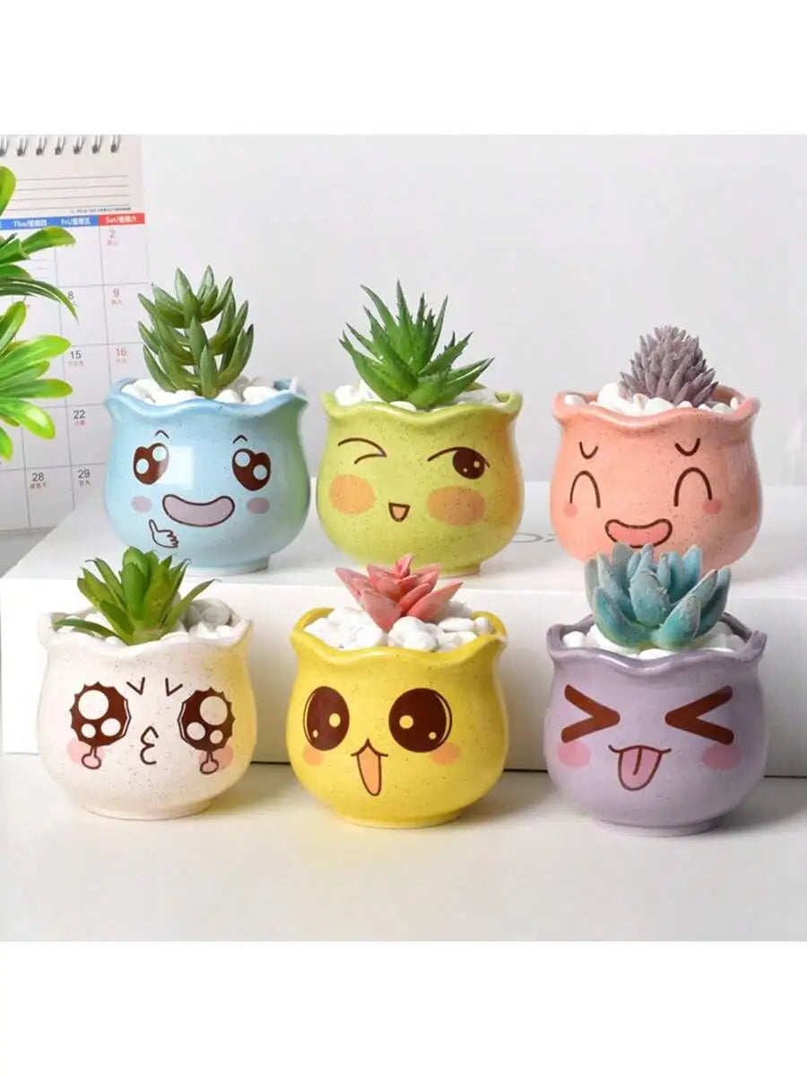 Cartoon Cute Ceramic Succulent Pots with Drainage – Set of 6 Ceramic Succulent Pots Qme