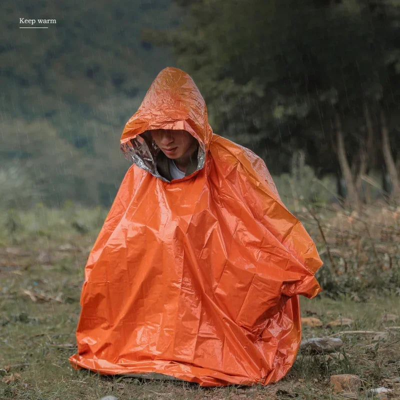 Emergency Poncho Waterproof Mylar Survival Blanket Raincoat Emergency Survival Poncho Qme
